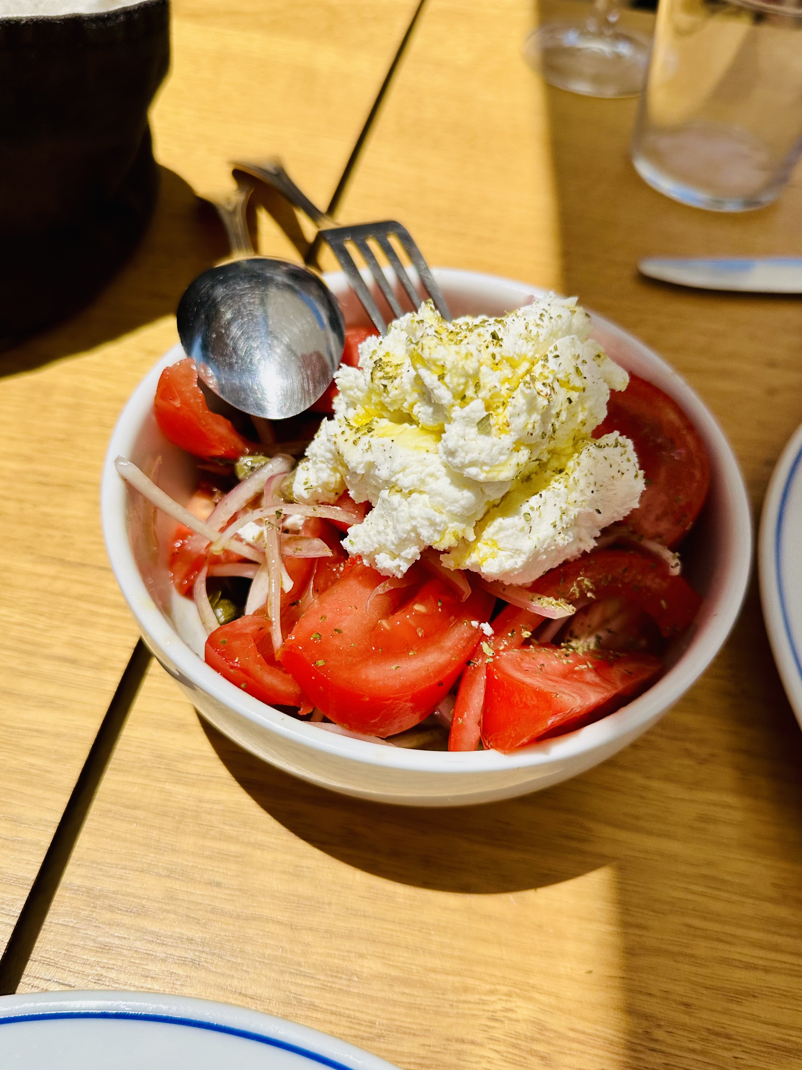 tomato salad and Sifnian cheese at Pelicanos in Sifnos