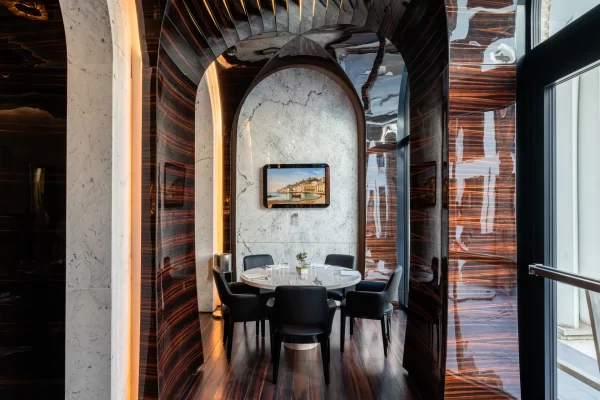 Historic Palazzo Capponi in Rome, reimagined with futuristic curves and modern materials.
