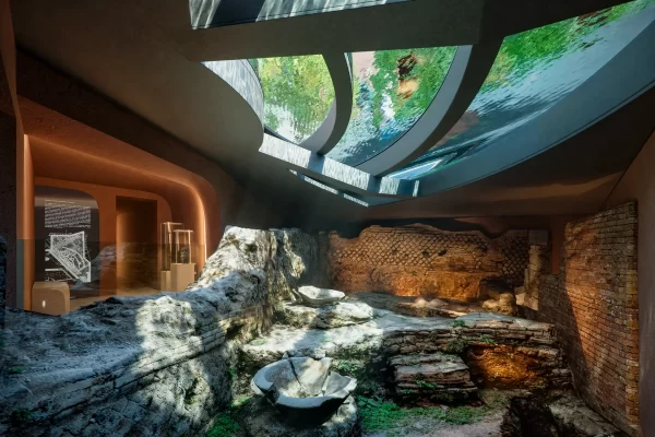Indoor-outdoor pool at Romeo Roma spa, with transparent bottom revealing ancient ruins below.