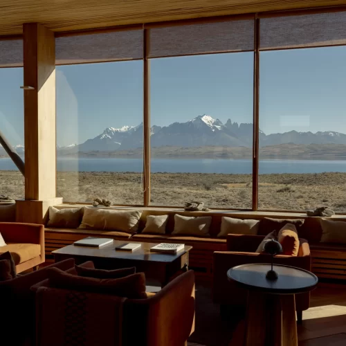 Sustainable wooden interiors at Tierra Patagonia with Patagonian views