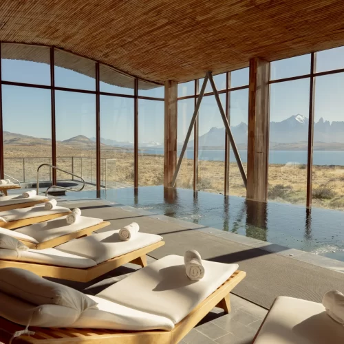 Sustainable wooden interiors at Tierra Patagonia with Patagonian views