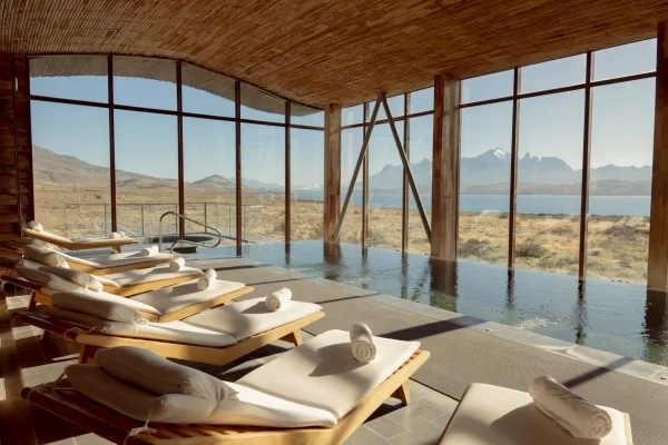 Sustainable wooden interiors at Tierra Patagonia with Patagonian views