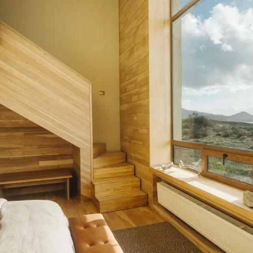 Sustainable wooden interiors at Tierra Patagonia with Patagonian views