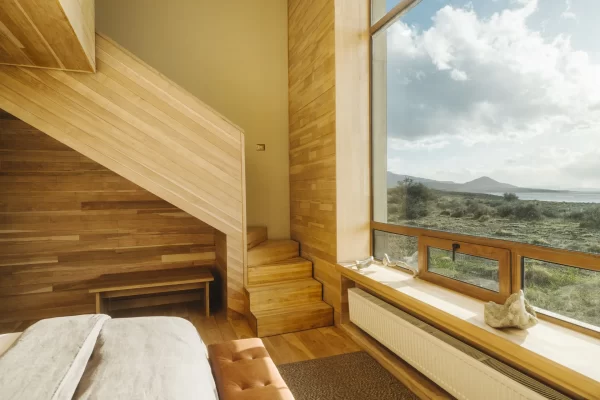 Sustainable wooden interiors at Tierra Patagonia with Patagonian views