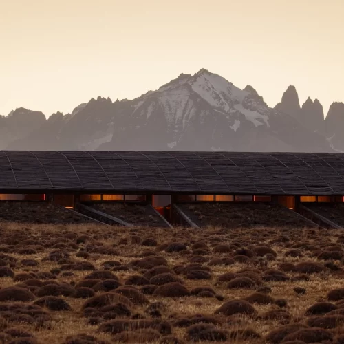 Modern lodge Tierra Patagonia overlooking Torres del Paine peaks