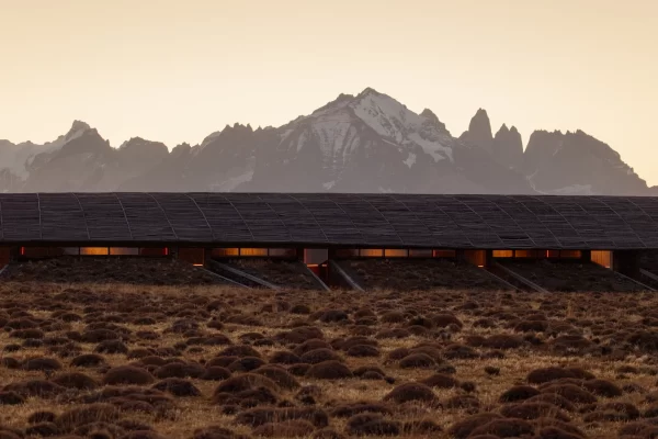 Modern lodge Tierra Patagonia overlooking Torres del Paine peaks