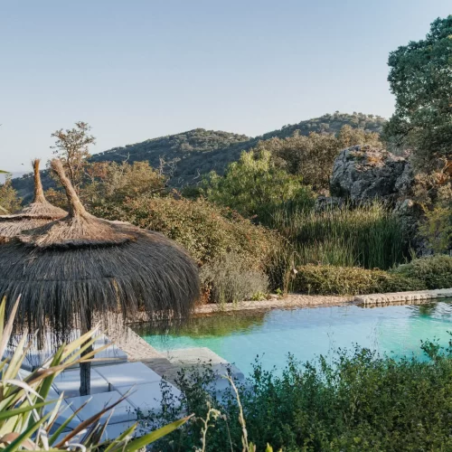 Tranquil outdoor saltwater pool at La Donaira’s hillside spa overlooking the Andalusian countryside.