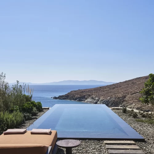 Infinity pool view at Odera, Tinos with sweeping Aegean Sea backdrop