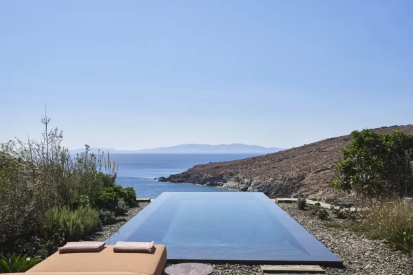 Infinity pool view at Odera, Tinos with sweeping Aegean Sea backdrop
