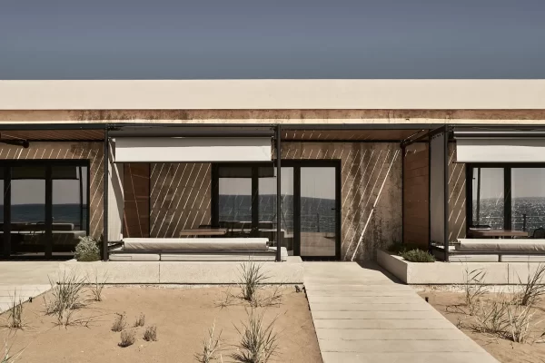 Dexamenes Seaside Hotel exterior featuring modern architecture by the Ionian Sea in Kourouta, Peloponnese